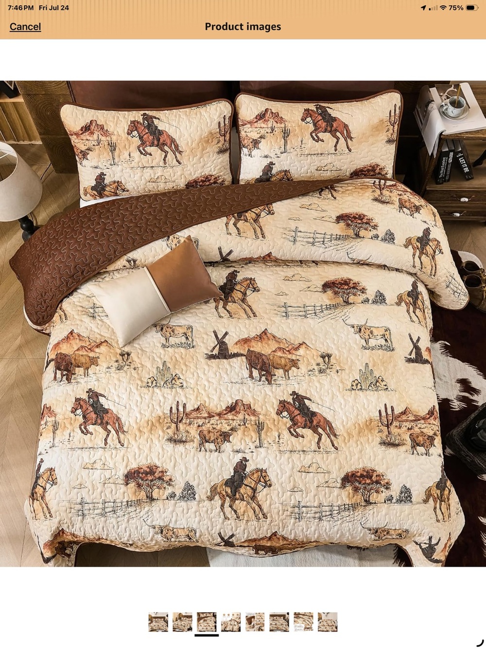 Western Cowboy Bronco Horse Ranch Print Quilt Set Beige & Brown Queen - Picture 3 of 7